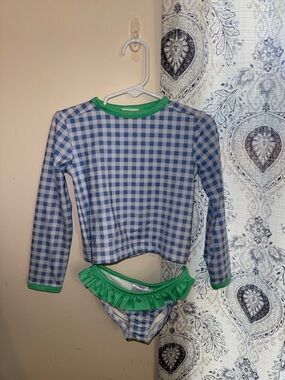 Prodoh Blue Gingham Long-Sleeve Rashguard Set with Green Trim